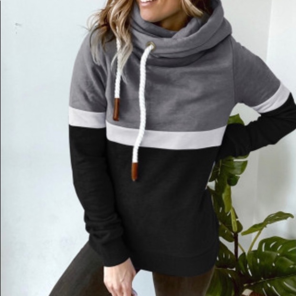 SALE COZY BLACK DRAWSTRING COWL NECK HOODIE - Picture 2 of 6